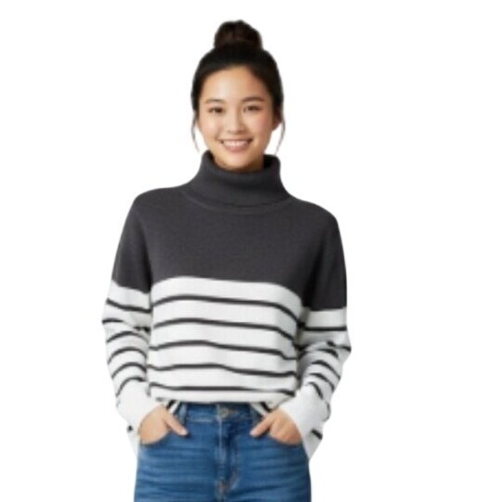 KIRUNDO Turtleneck Women's L Charcoal White Stripe Sweater Knit Long Sleeve